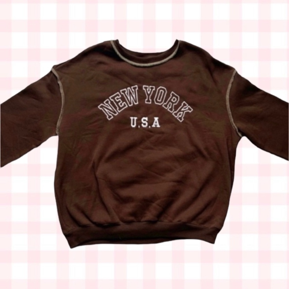 ROMWE Brown New York Top-Stitching Sweatshirt
